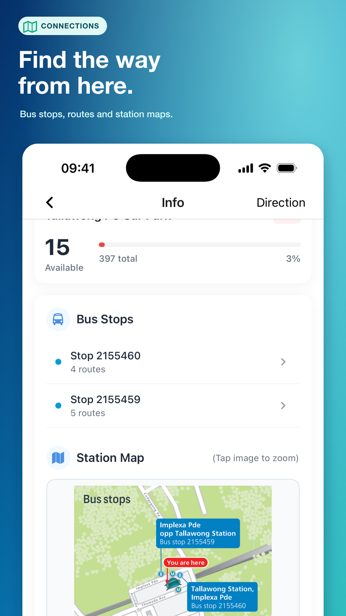 Station details with nearby bus stops and station map