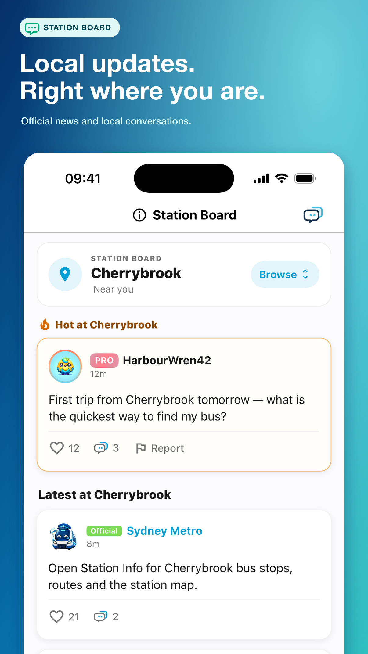 Cherrybrook Station Board with official and commuter updates